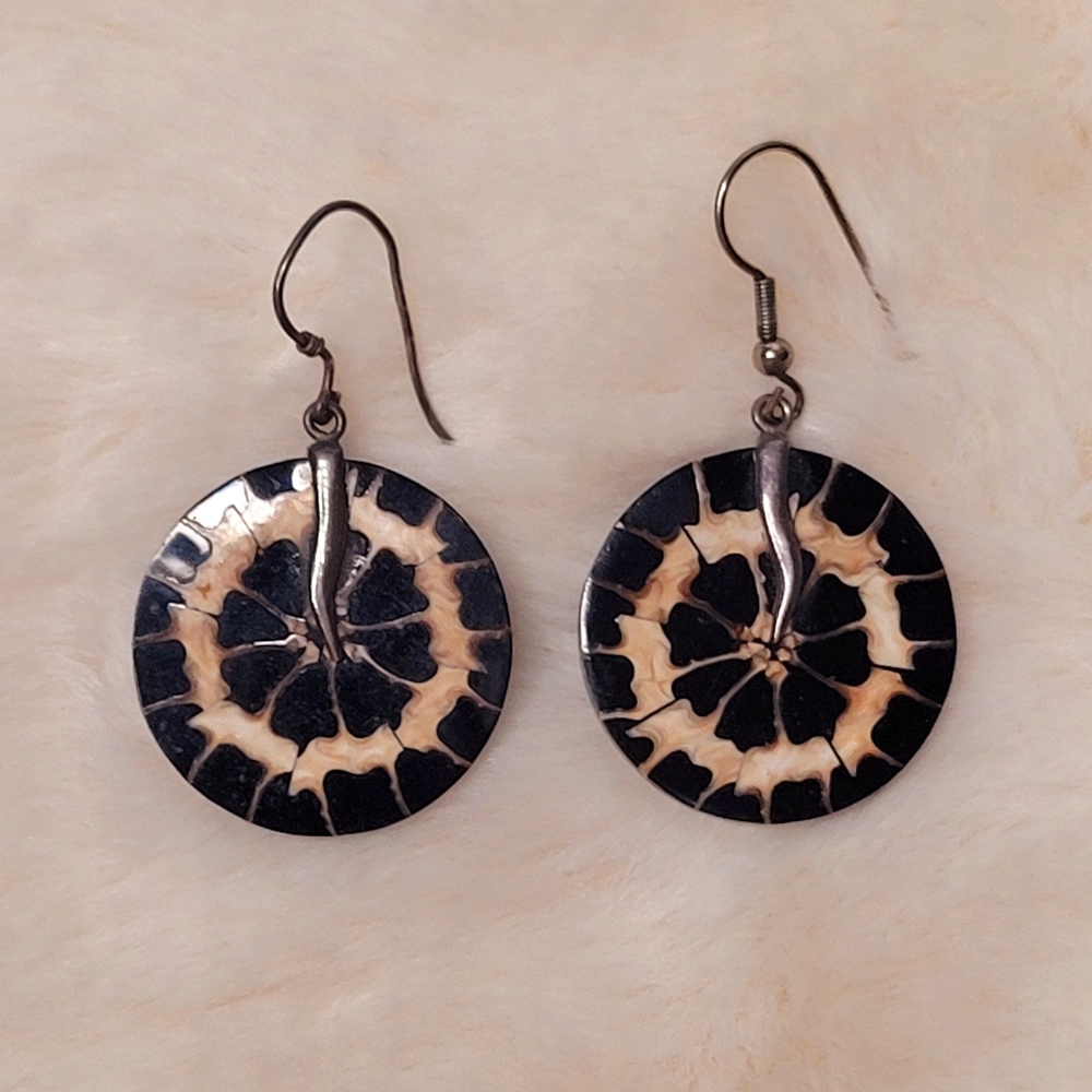 Black And Cream Cone Shell Sterling Silver Earrings Island Beach Jewelry
